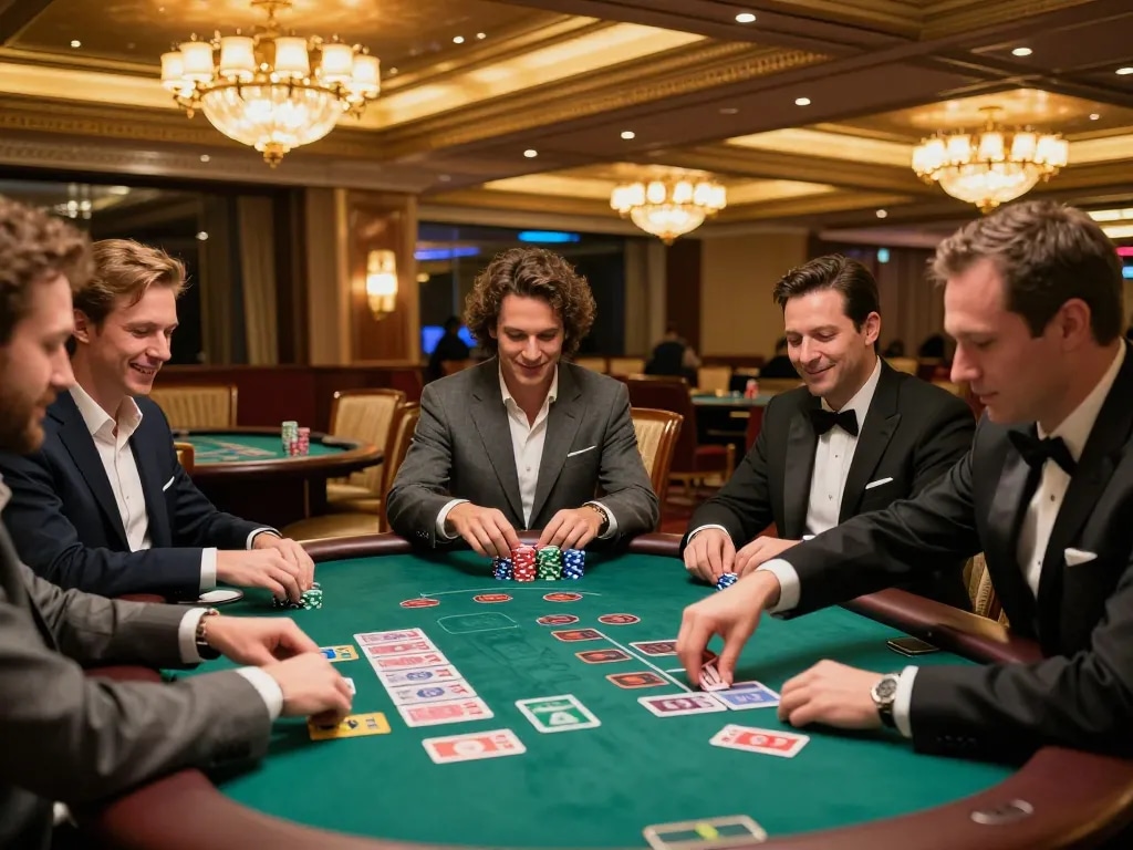 Players engage in an exciting blackjack game at 88xeng casino, showcasing vibrant atmosphere and high-stakes action.