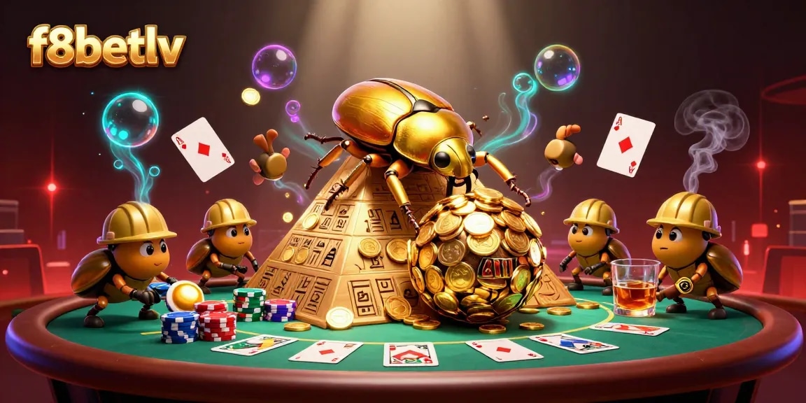 Experience f8betlv thrills with golden coin beetles, vibrant poker elements, and dynamic casino action.