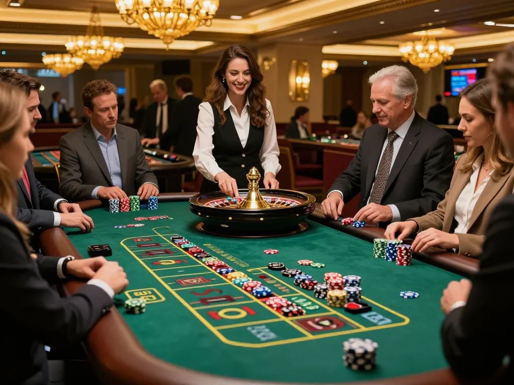rik88 players experiencing the excitement of roulette in a luxurious casino atmosphere