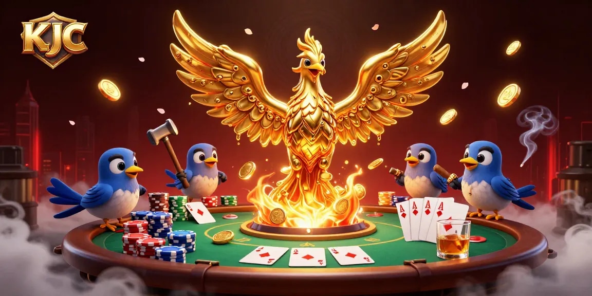 KJC unleashes a golden phoenix amidst poker chips and cards, highlighting thrilling gaming action.