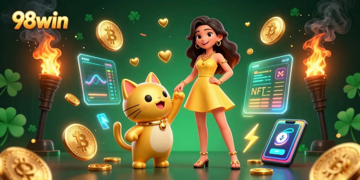 Experience the thrill of winning at 98win with our colorful casino scene filled with excitement and a lucky mascot.