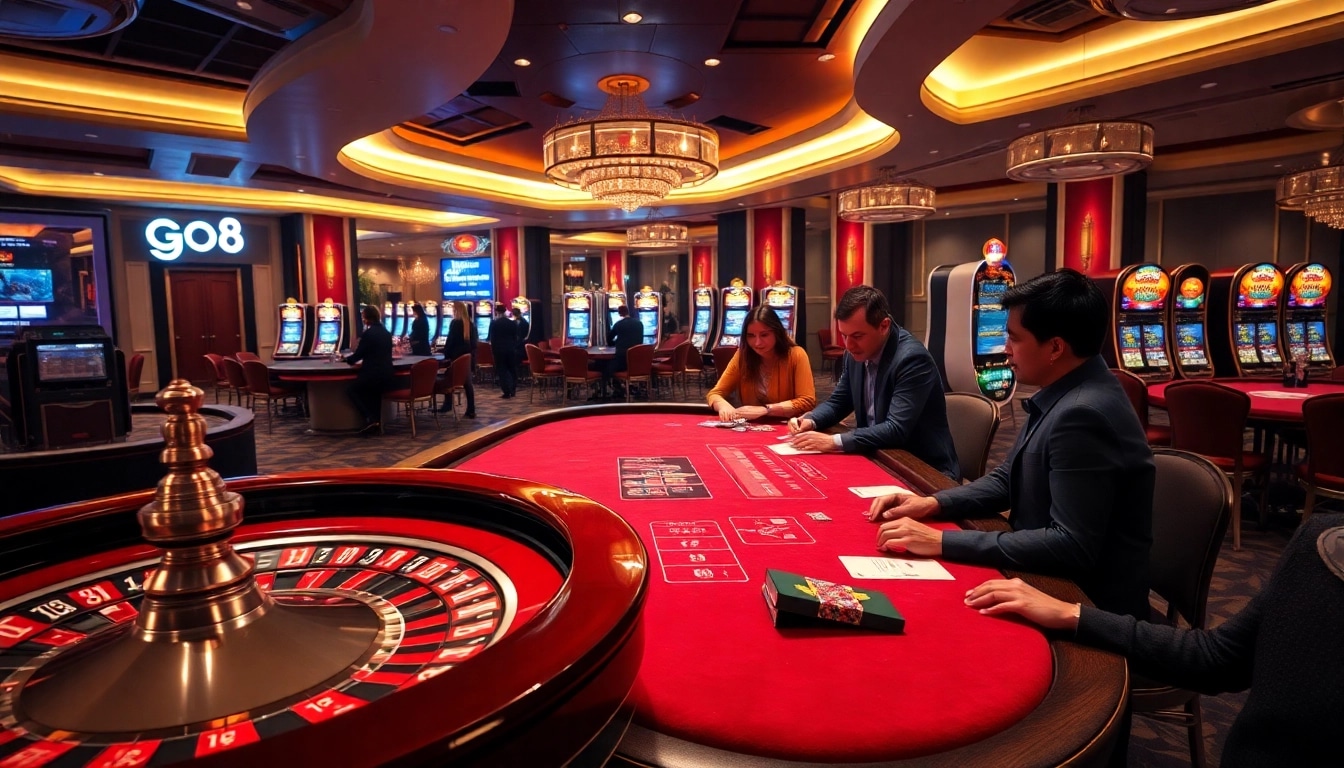 Go8 players enjoying a vibrant casino atmosphere with poker tables and slot machines.