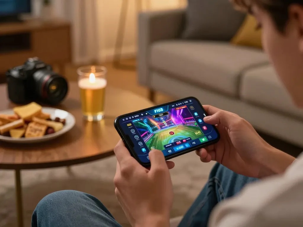 Experience thrilling real-time gaming action as users engage with F168 mobile casino app in a cozy home setting.