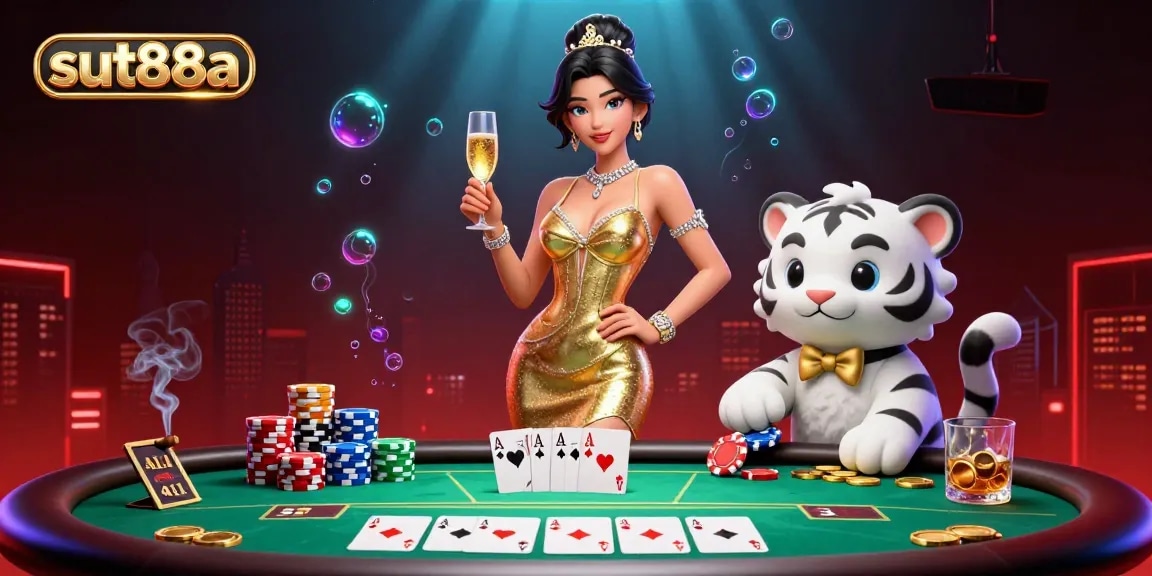 Win big at sut88a with a glamorous scene featuring a lucky charm and poker elements in action.