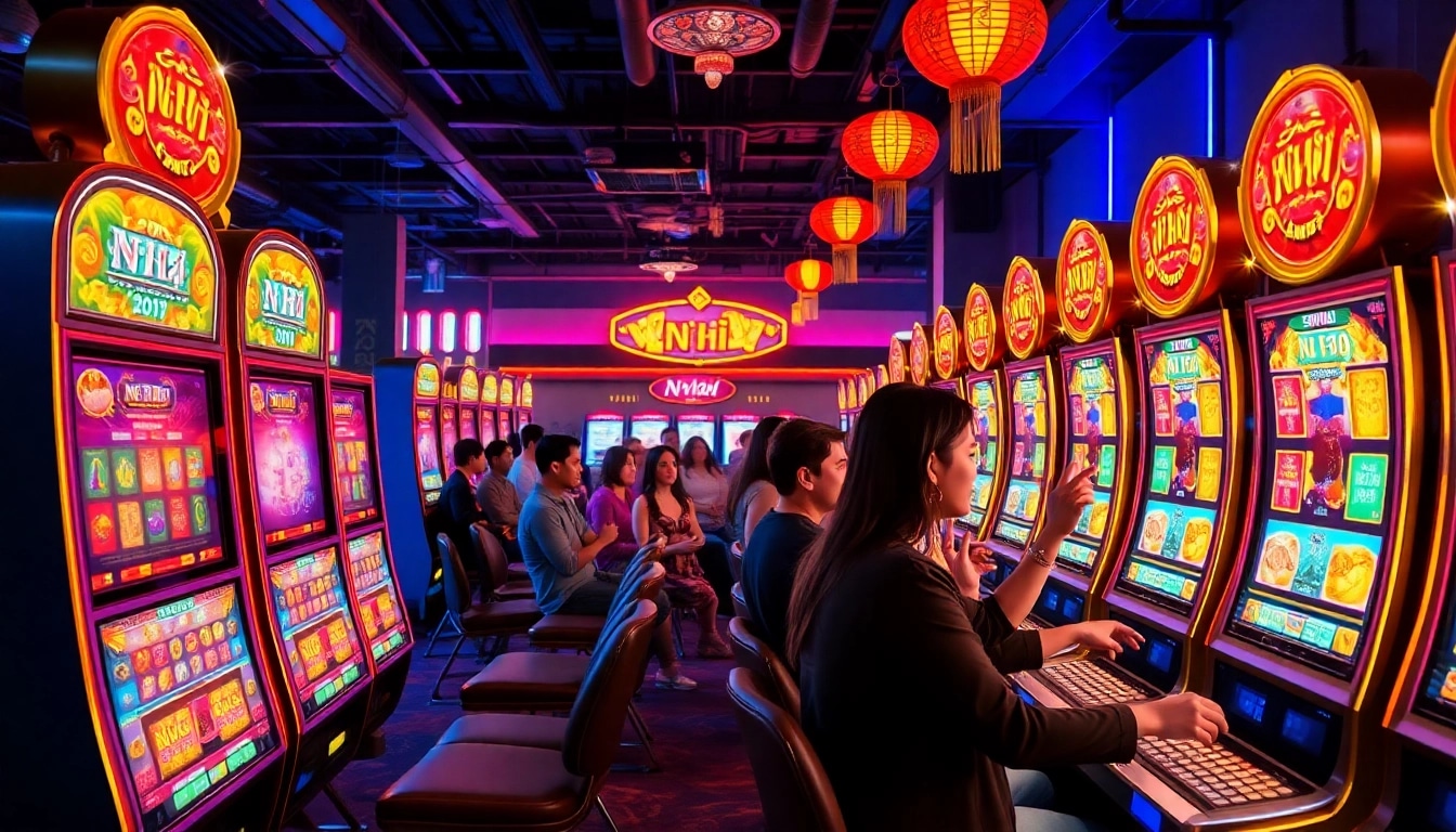 Nổ Hũ slot games showcasing colorful machines and diverse players enjoying the gaming experience