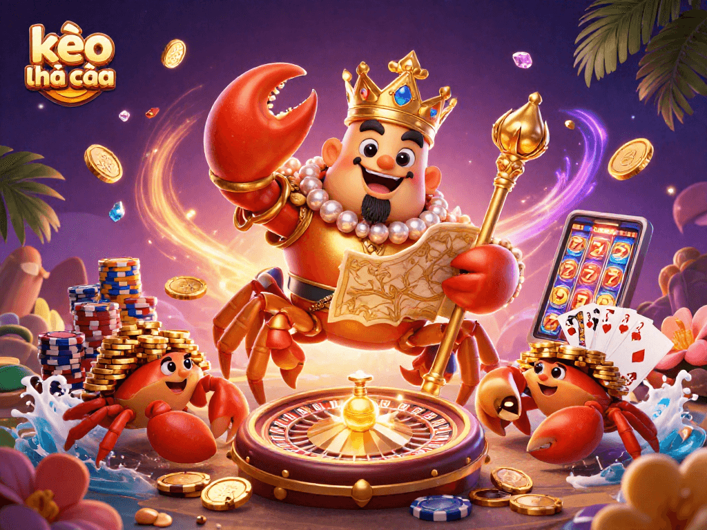 Engage with kèo nhà cái in an intricate 3D casino scene featuring a golden crab emperor and game elements.