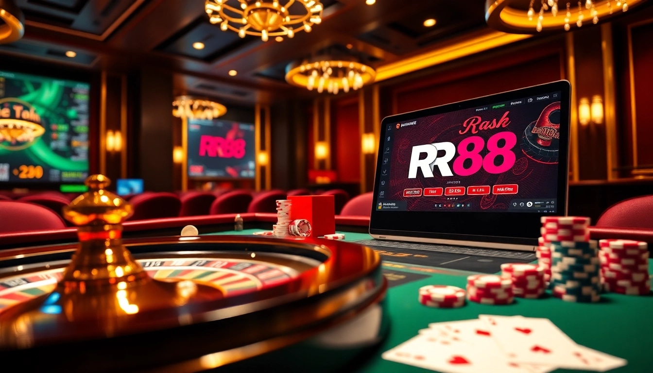 RR88 unique online casino atmosphere with roulette wheel, poker chips, and thrilling action.