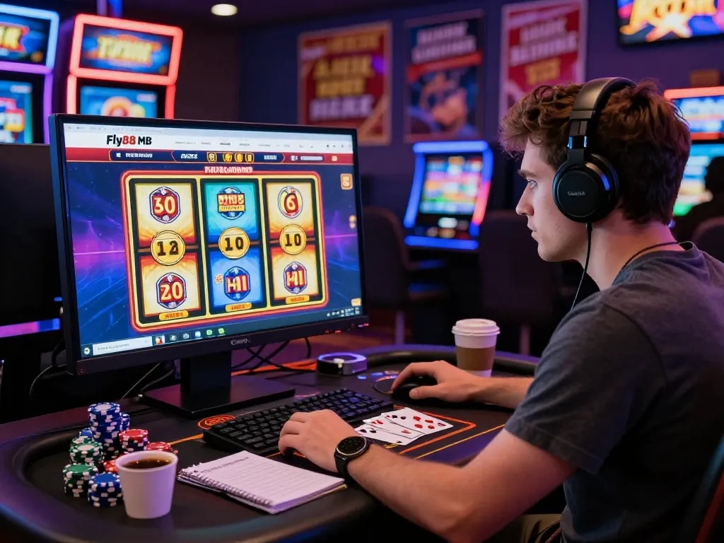 Engaging user experiencing Fly88 MB in an online gaming environment, showcasing virtual slots and cards.