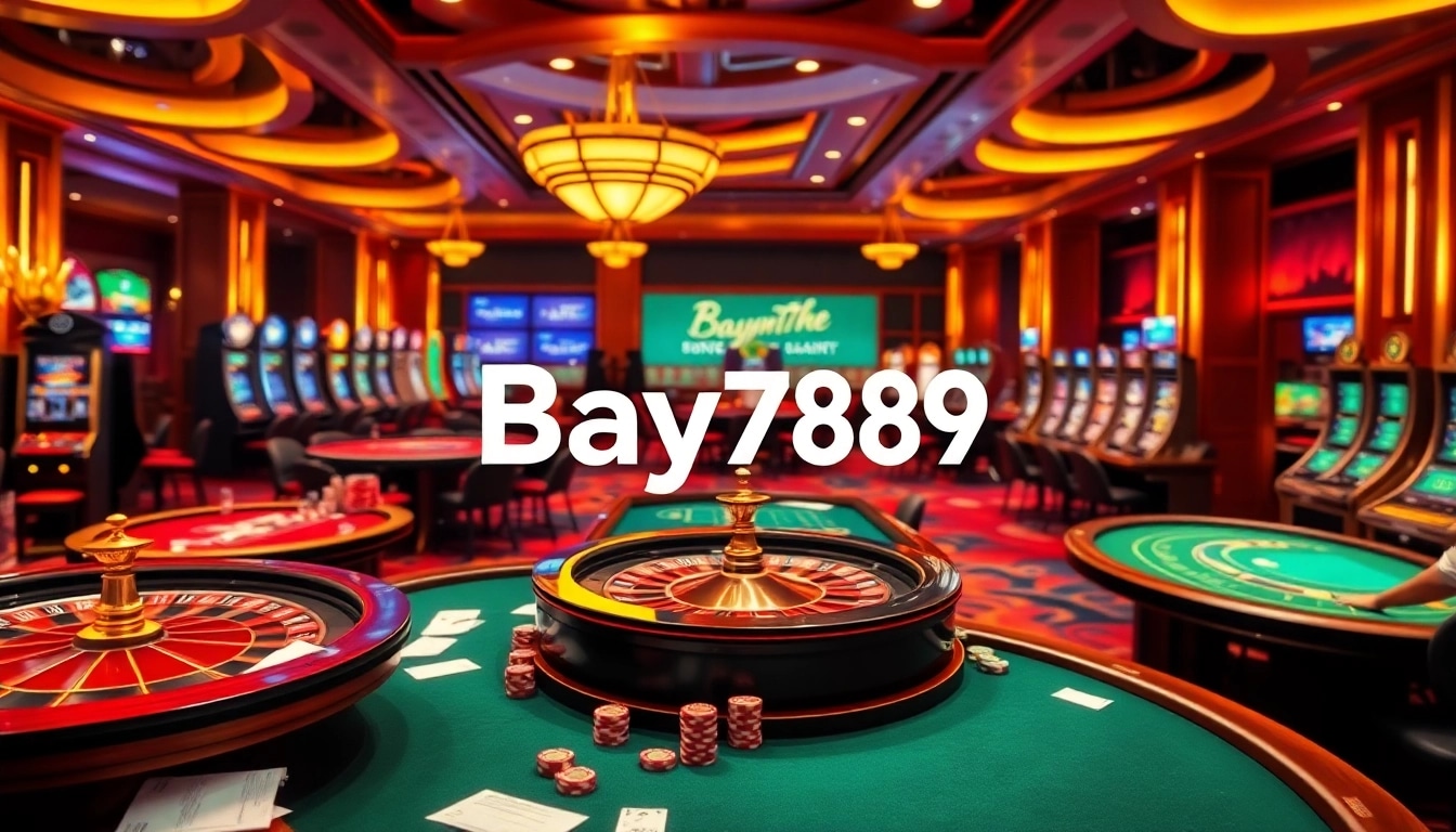 Engaged players enjoying thrilling games at Bay789's vibrant casino, showcasing poker tables and slot machines.