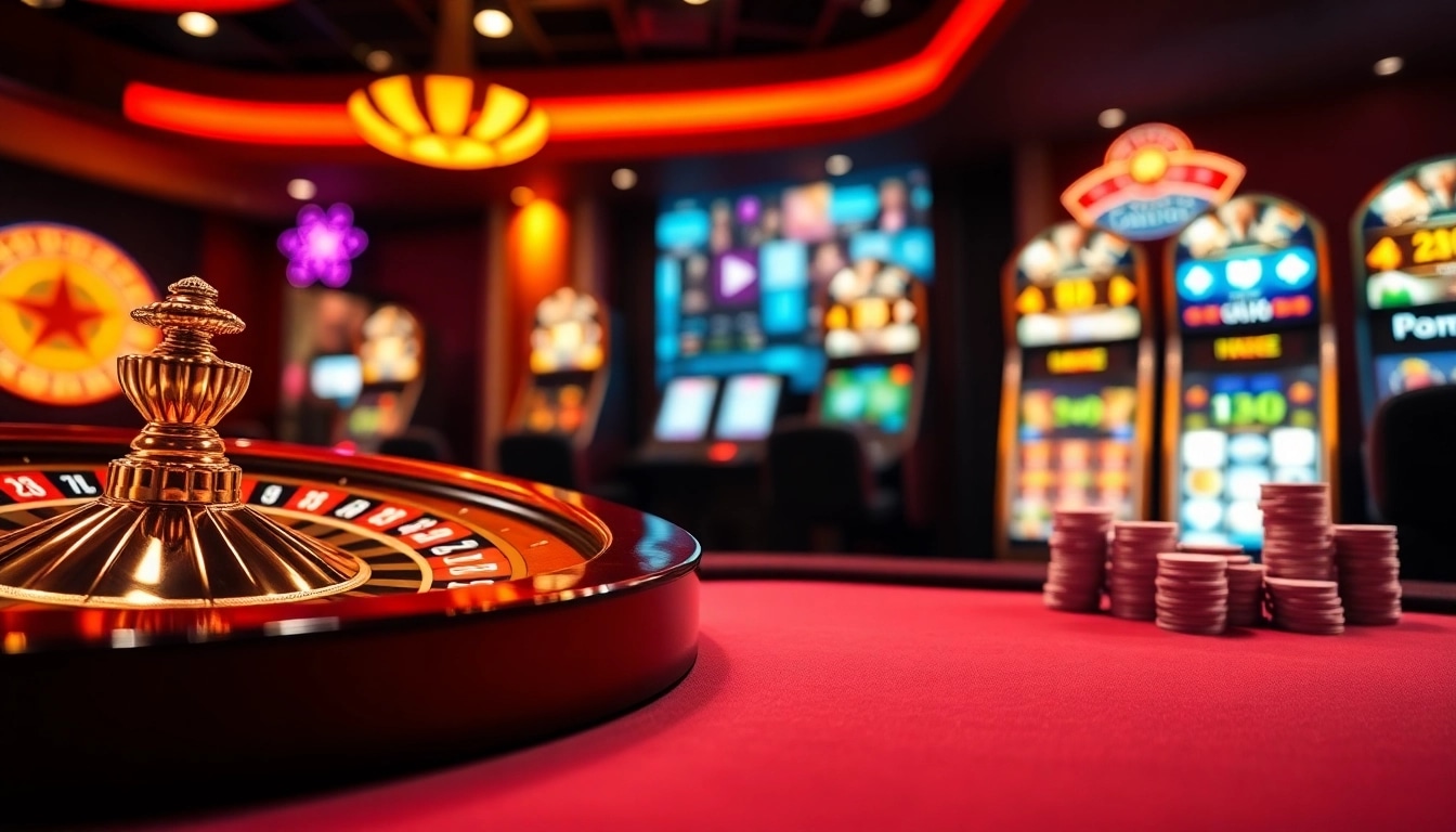 Experience thrilling online gambling at https://red88.day/ with a vibrant casino scene featuring roulette and slot machines.