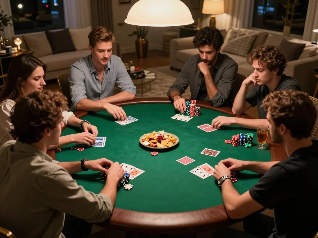 Dabet players enjoying a friendly poker game at home with bright chips and cozy atmosphere