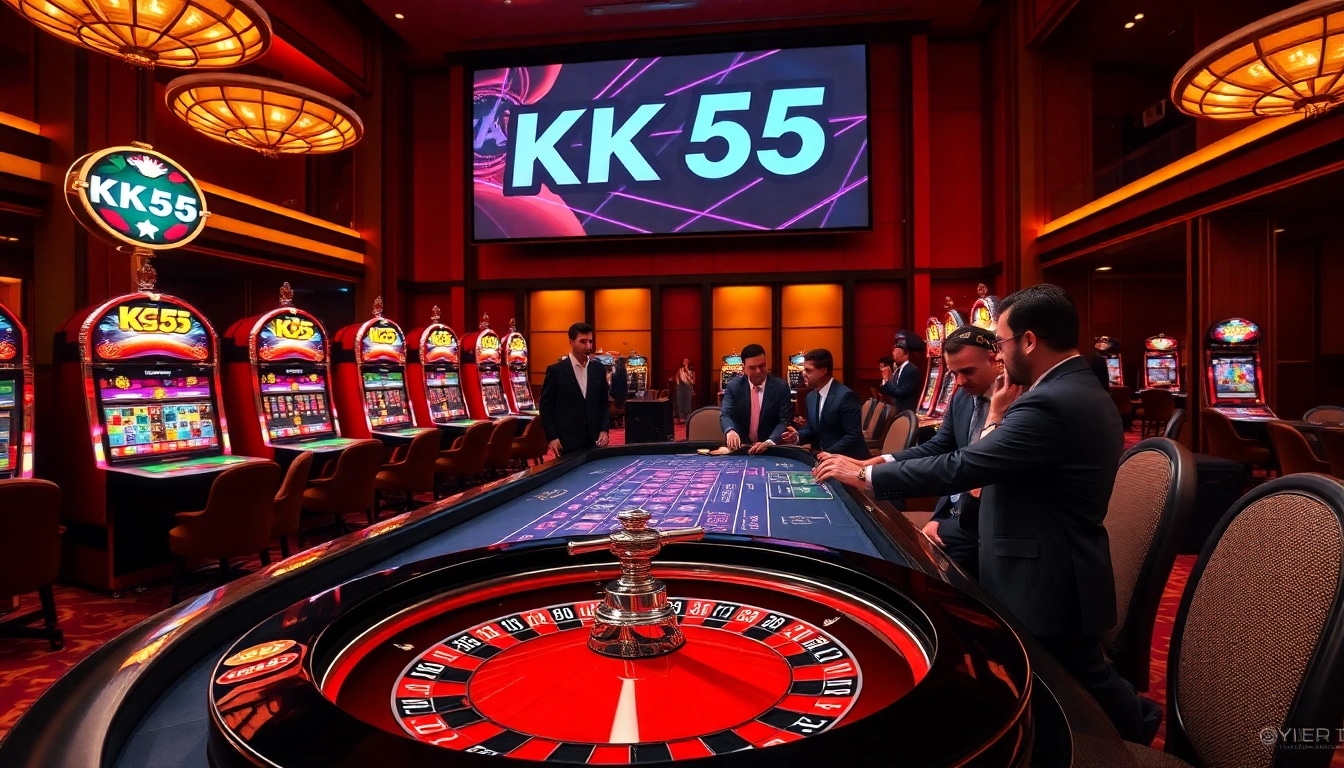 Exciting KK55 casino scene with vibrant slot machines and a roulette wheel.