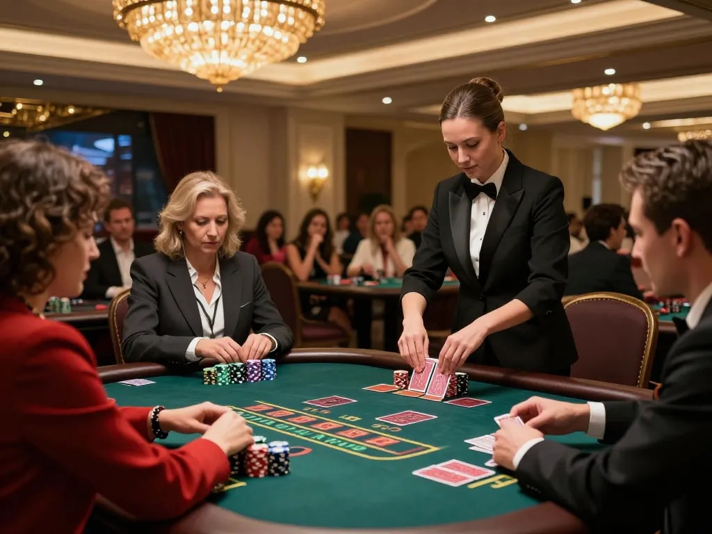 Sky88 players making strategic bets at an upscale blackjack table in a vibrant casino atmosphere