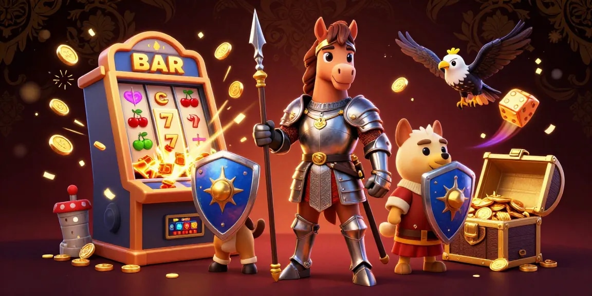 Engaging KUWIN casino experience with medieval knight, squire puppy, and falcon among vibrant games.