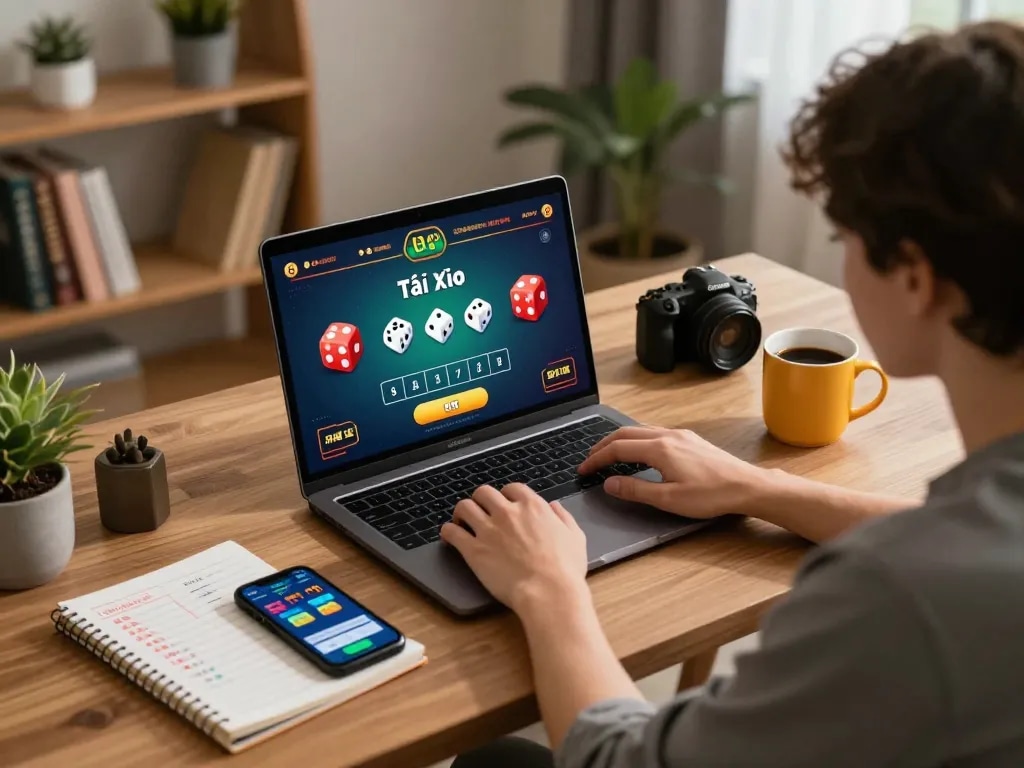 Tài Xỉu gaming on a laptop with strategies in a cozy home setting