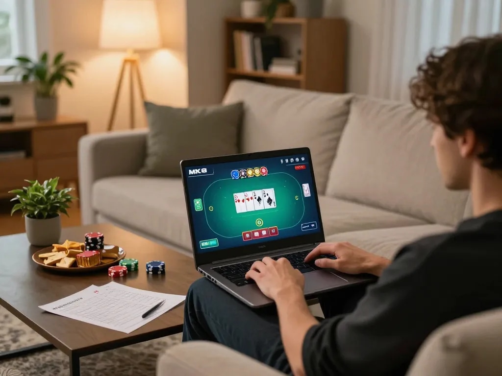 Engaging in MK8 online gaming at home, showcasing strategic poker play and cozy atmosphere.