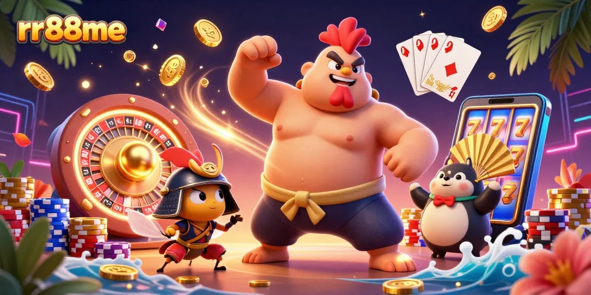 Experience thrilling gameplay with rr88me's vibrant casino scene featuring a dynamic sumo wrestler and exciting gaming elements.