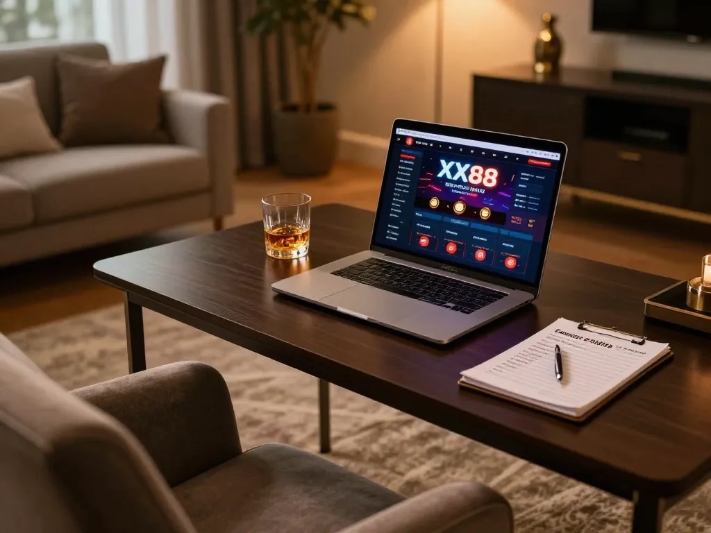 Engaging XX88 online gaming setup with laptop and whiskey illustrating home casino experience.