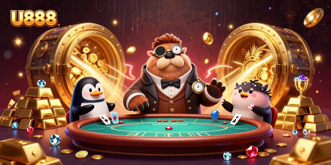 Experience thrilling poker action with U888's animated characters in a vibrant underwater scene.
