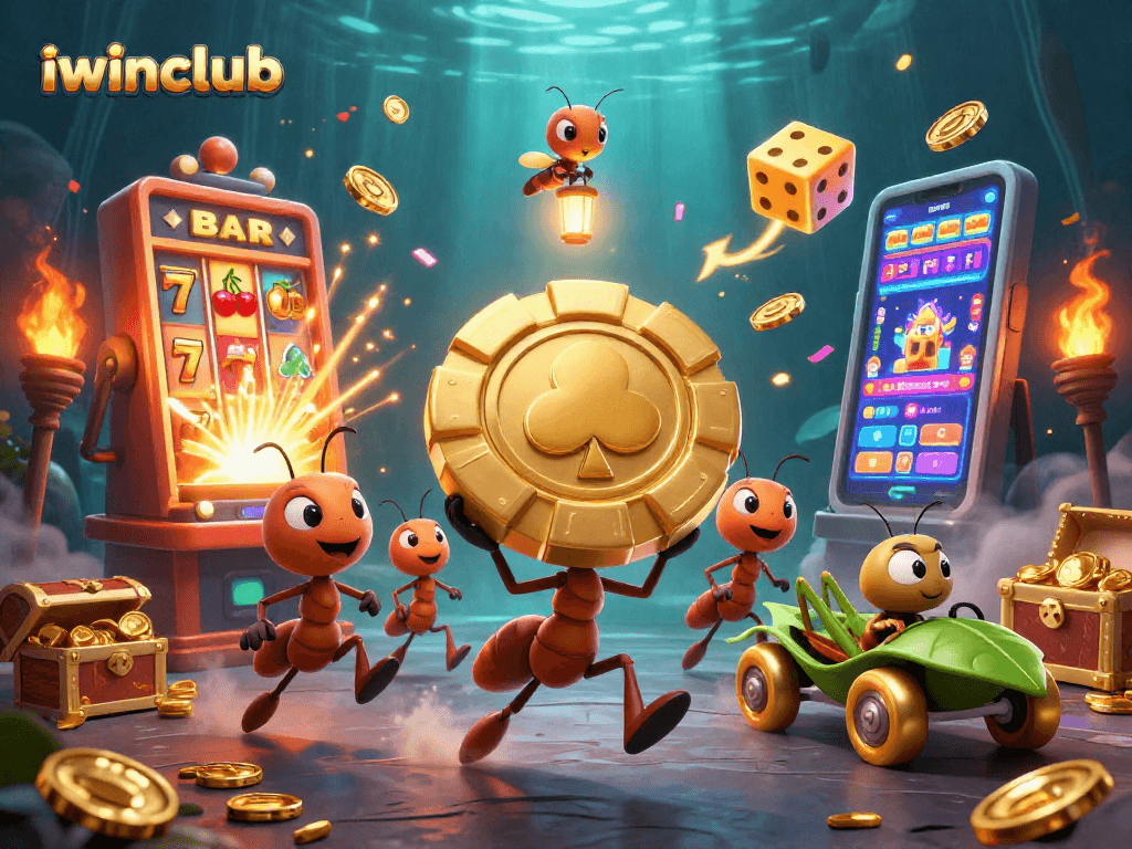 iwinclub ants on an adventurous heist, showcasing vibrant casino elements and dynamic 3D art.