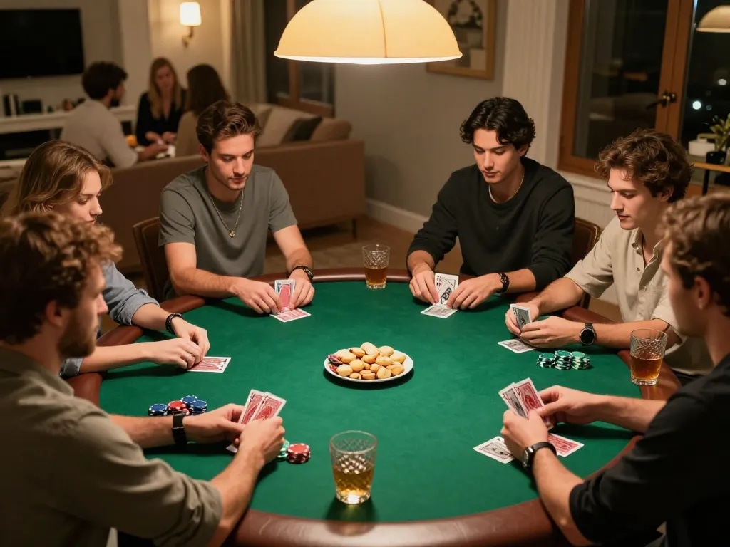 mm88 players engaging in a lively home poker game with cards and chips on a green felt table.