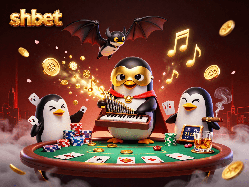 Shbet engages players with a vibrant casino scene featuring a penguin at a golden organ, surrounded by poker elements.