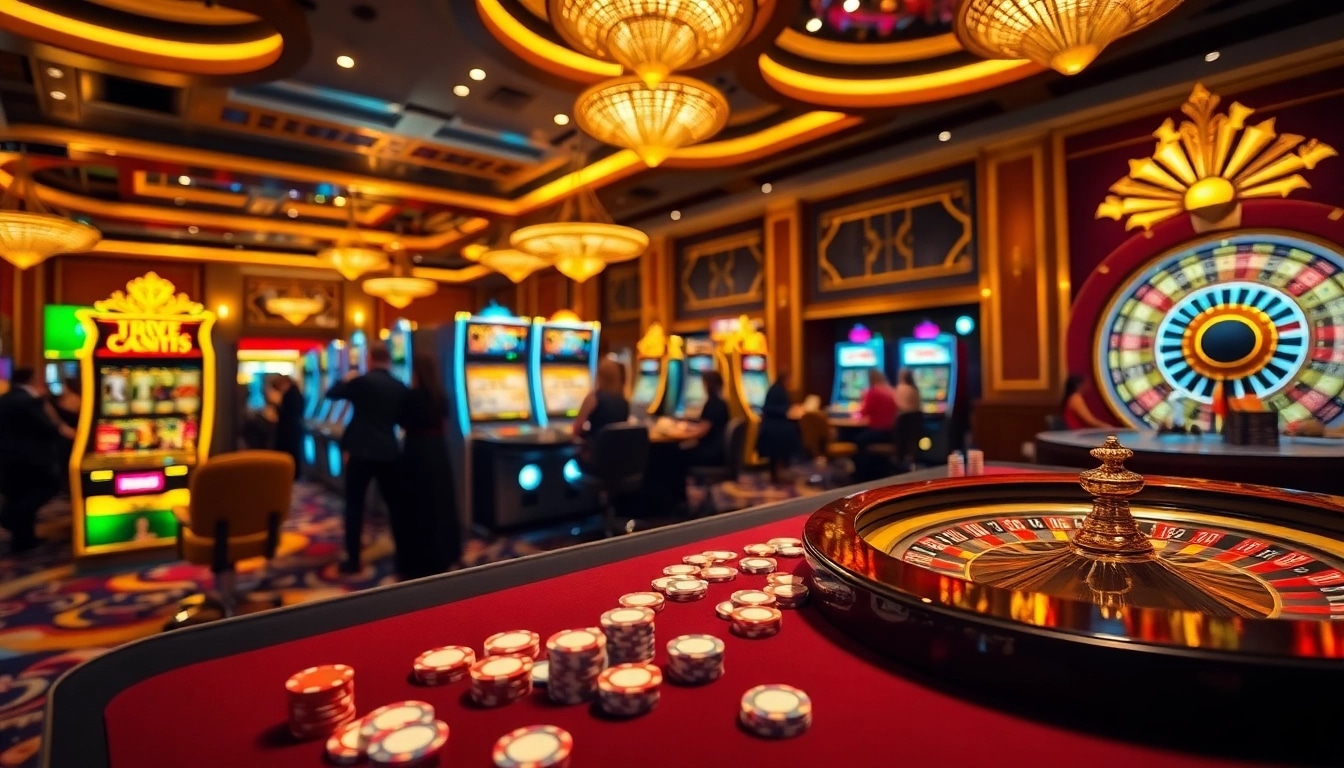 Engaged gamblers at RR88 enjoy a dynamic casino experience with poker chips and slot machines.