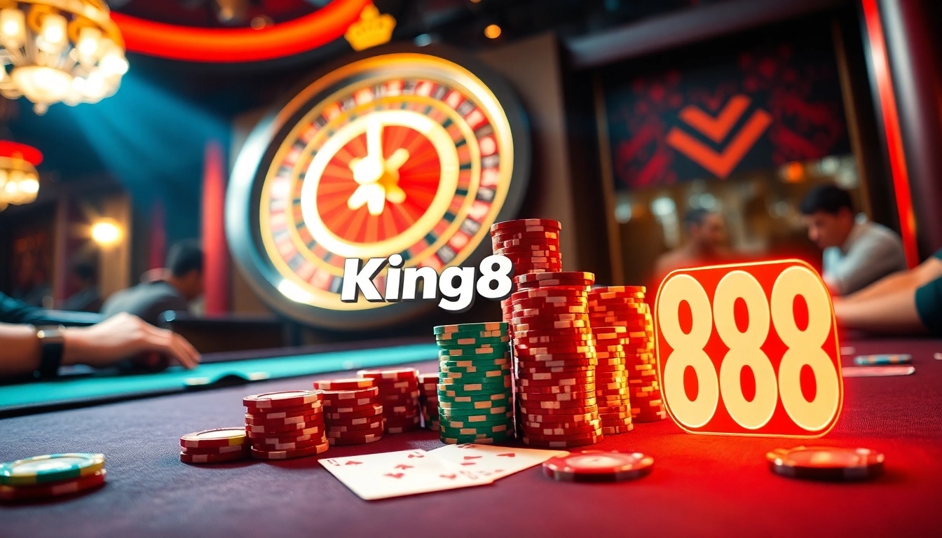 Experience the excitement of King88 gambling at a luxurious poker table with vibrant chips and cards.