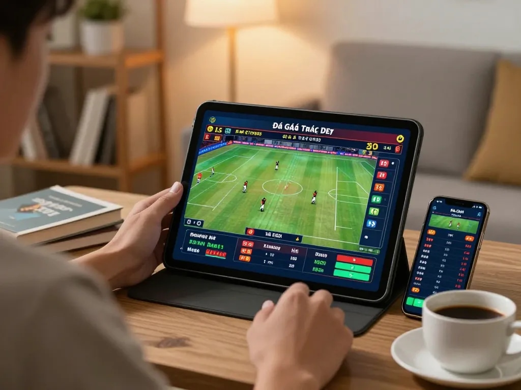 Engaging scene of a person watching Đá gà trực tiếp on a tablet, immersed in the excitement of live betting.