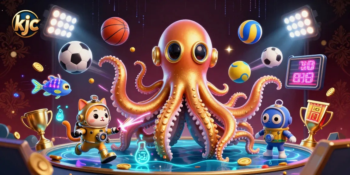 KJC players engage with thrilling sports betting action among a vibrant 3D kraken scene.
