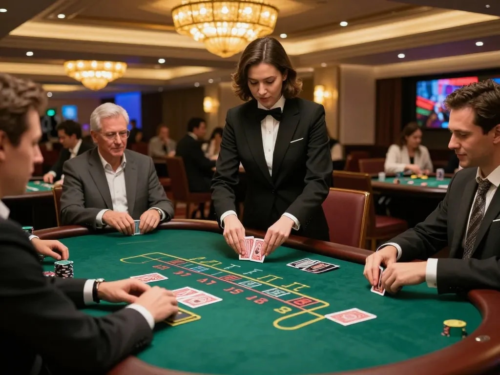Enjoying an intense game of blackjack at OPEN88 casino, with players engaged and chips stacked.