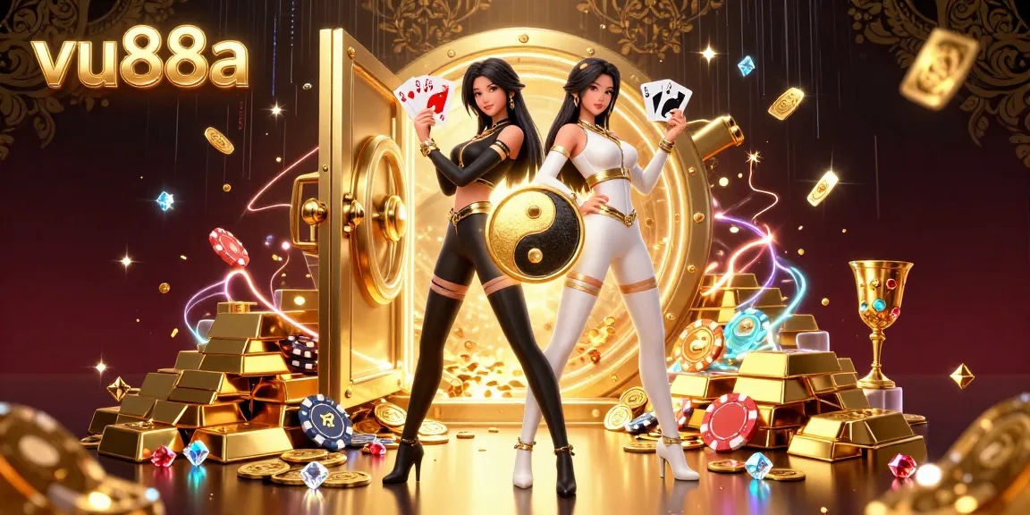 Winning in vu88a's captivating casino landscape with striking Asian twin hosts and treasure elements.