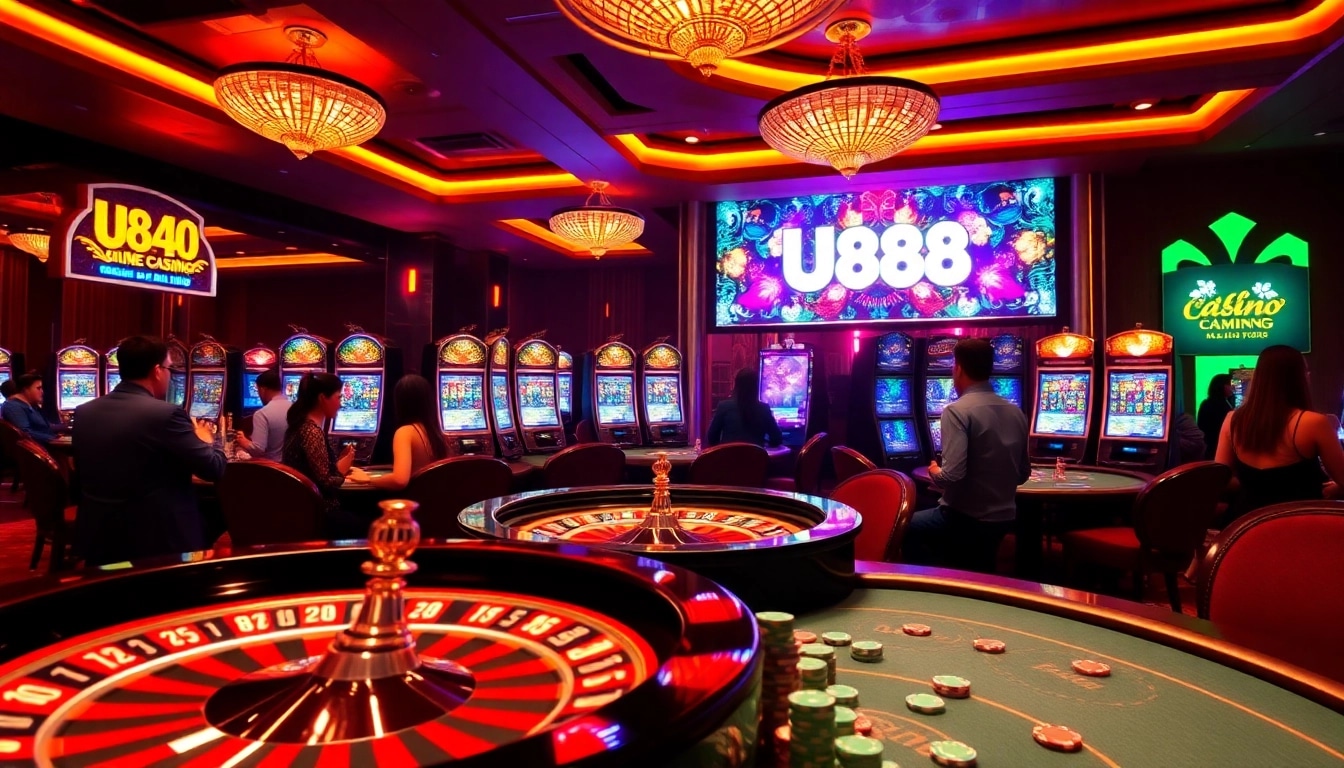 Players enjoy thrilling moments at U888 casino tables with vibrant slots and roulette.