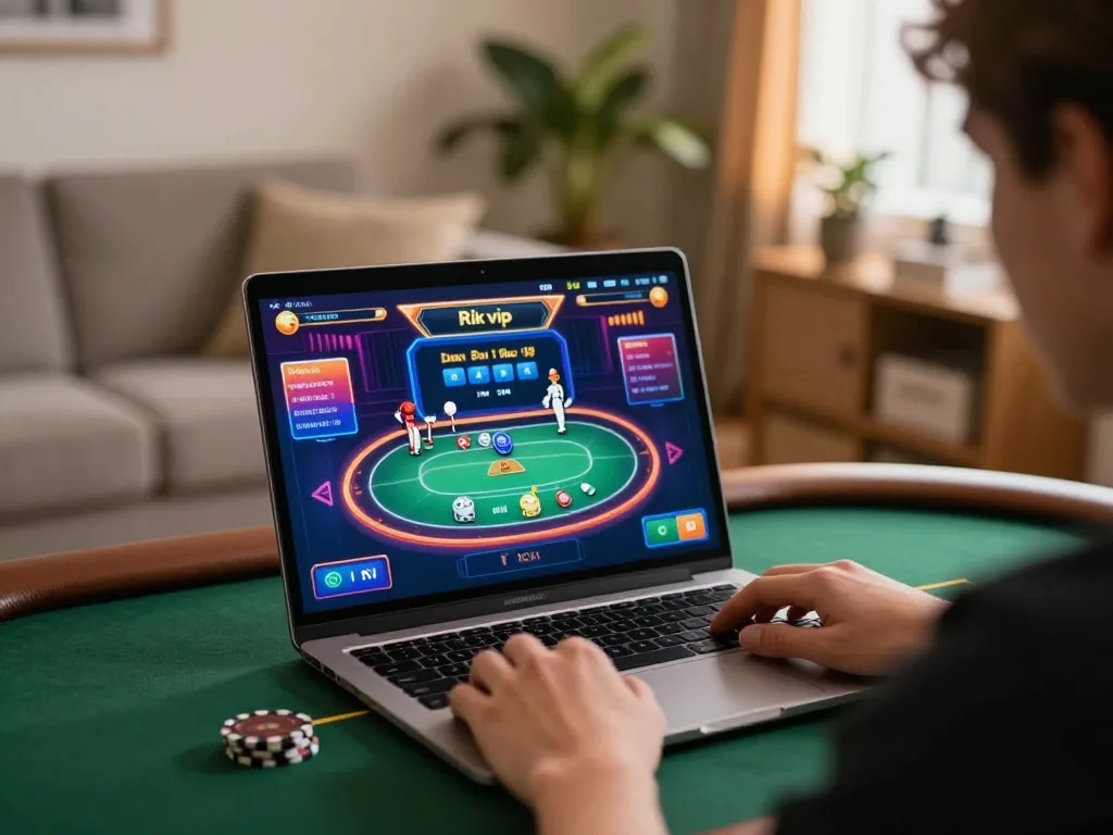 Người chơi tham gia trên laptop Rik vip thể hiện giao diện trò chơi poker sống động