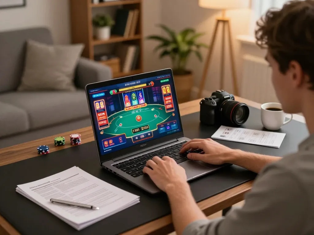 Player engaged in thrilling online casino action at BL555, displaying poker game interface on a laptop with strategy notes.
