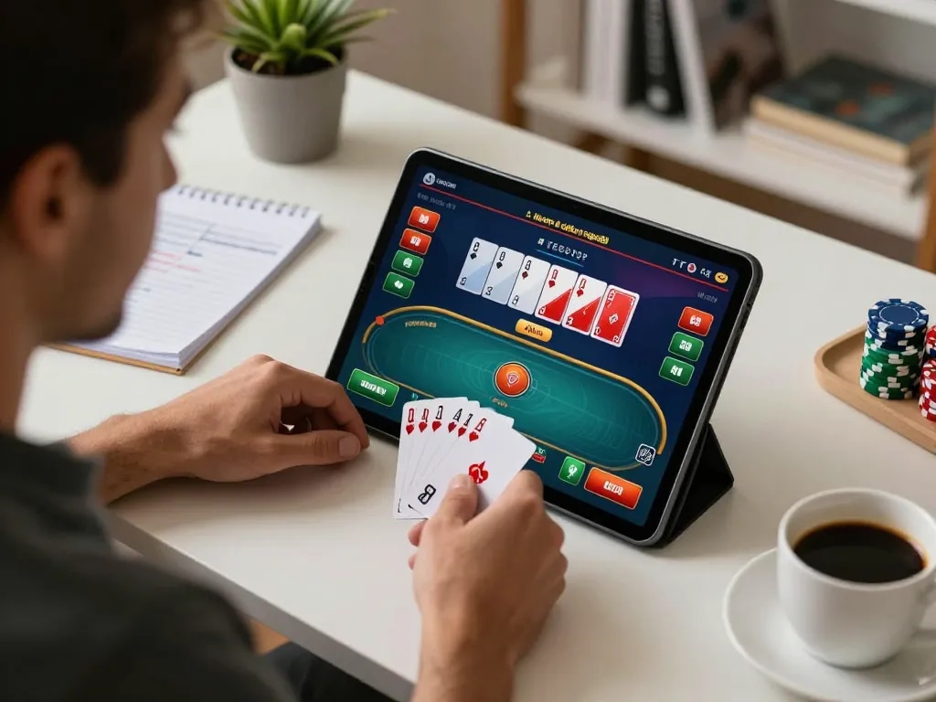 Engage with link resmi live casino vegas88 while playing poker online in a focused home office setting.