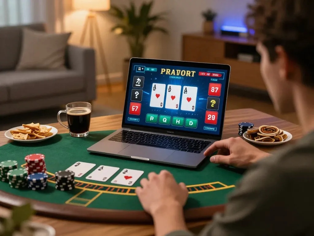 Engaging in a live blackjack game at home using a laptop while exploring https://rr88.select/ for strategic insights.