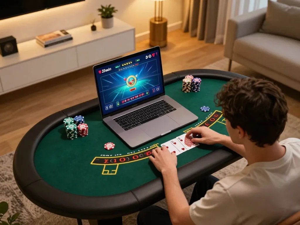 Engaging in strategic gameplay on 33win with a laptop at a stylish home gaming setup
