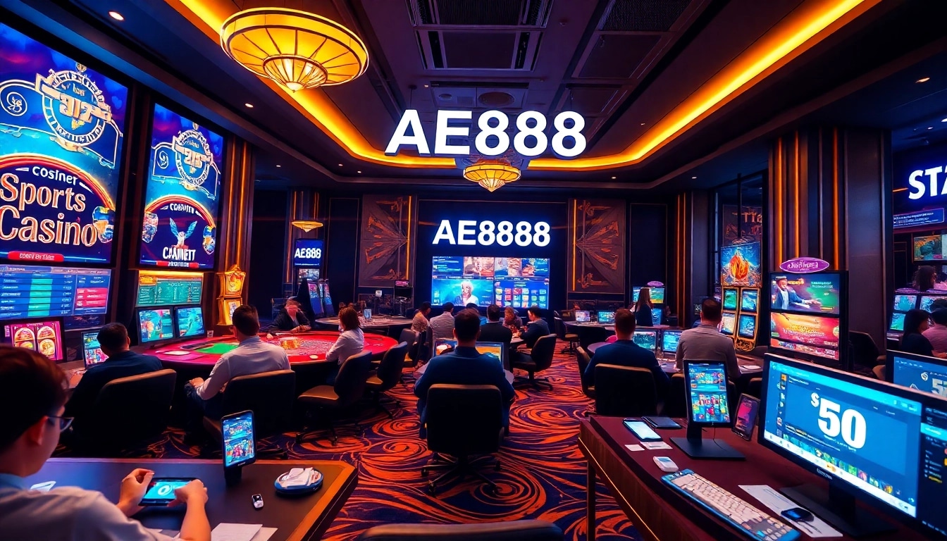 Experience the vibrant AE888 online gaming casino with players engaged in thrilling games and sports betting.
