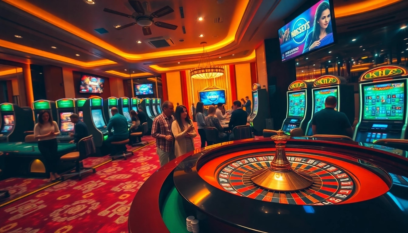 KJC gaming area showcasing roulette, poker chips, and engaging slot machines for an exciting gambling experience.