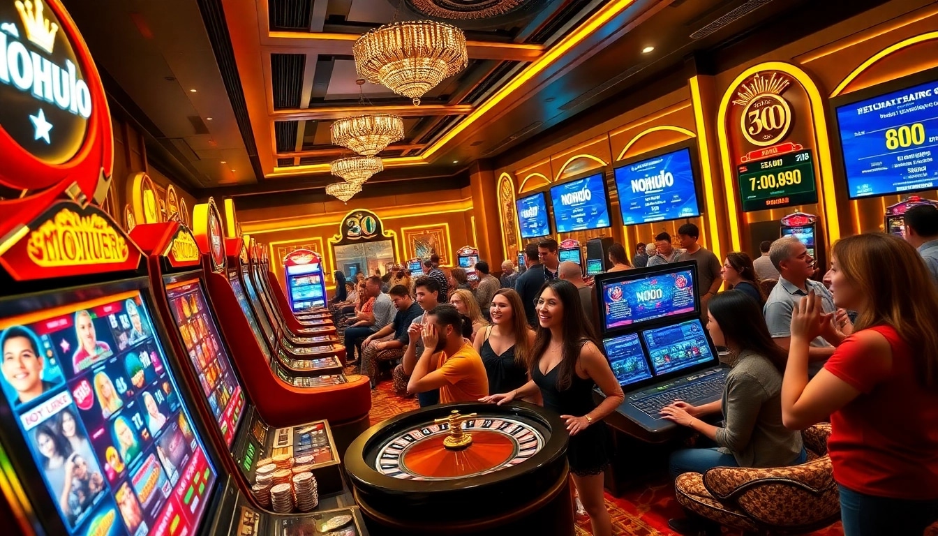Players enjoy thrilling games at nhà cái nohu90 casino, engaging with vibrant slot machines and a roulette wheel.