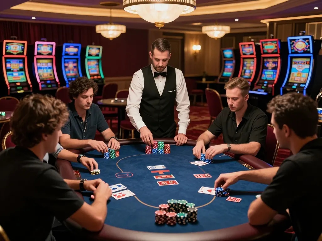 Players engaging in a thrilling poker game at an upscale casino setting showcasing LC88 com.