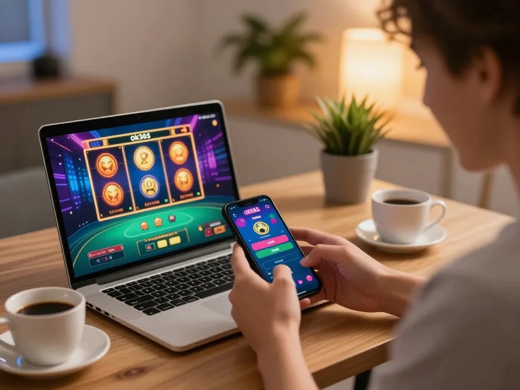 Engaging with the ok365 casino app on a smartphone, showcasing live gaming excitement.