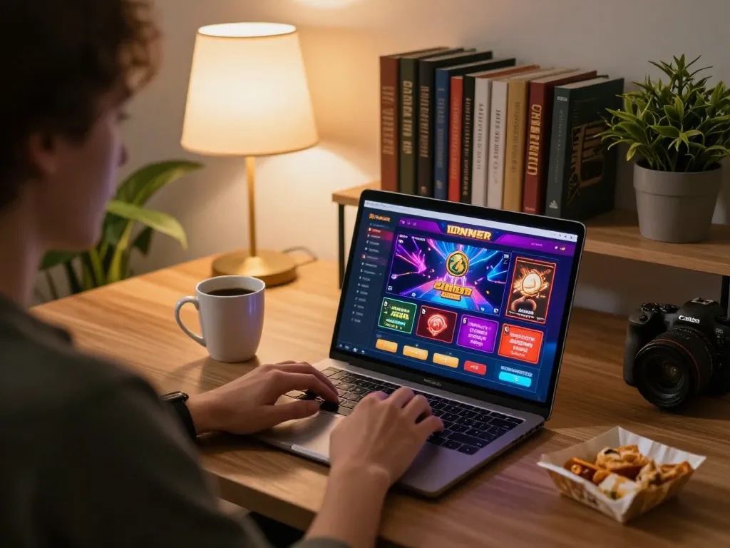 Phiên chơi game trực tuyến của câu lạc bộ B52 với laptop hiển thị các trò chơi casino sống động và bầu không khí thư giãn