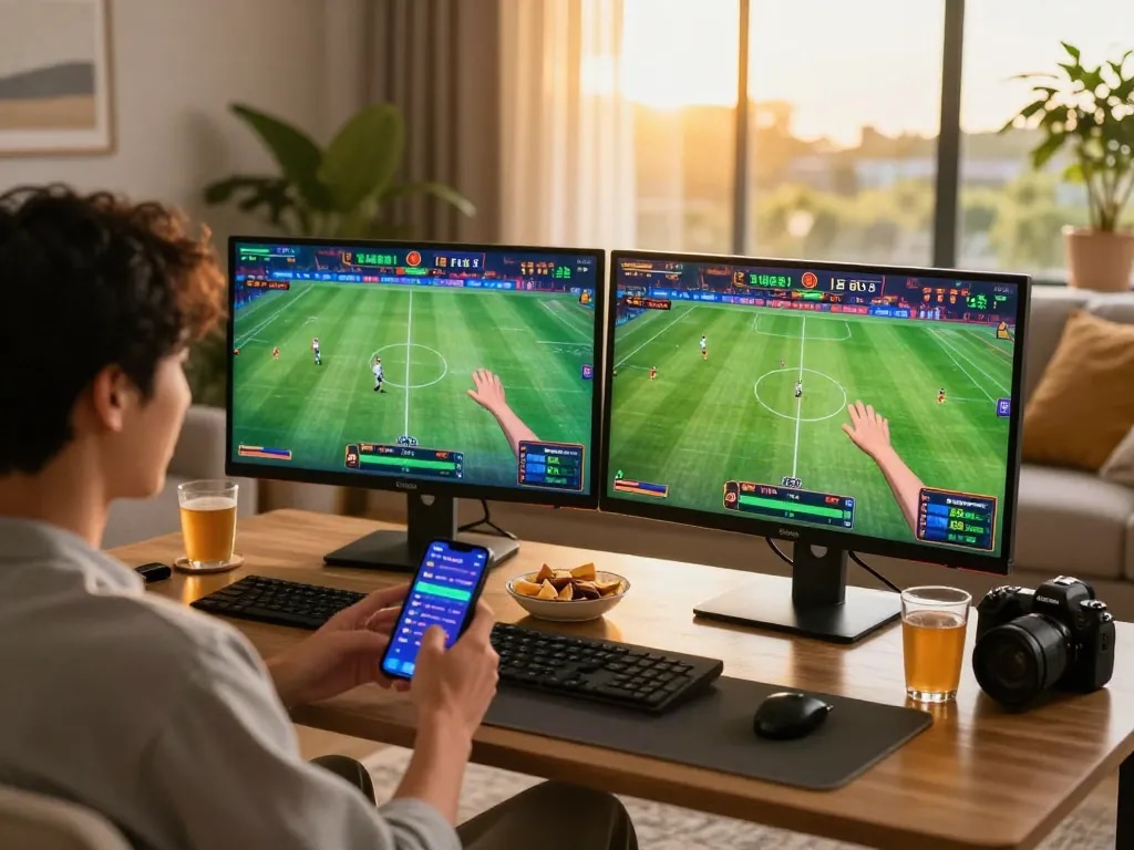 Exciting FB88 online betting scene with player engaged in football bets at home, modern decor.
