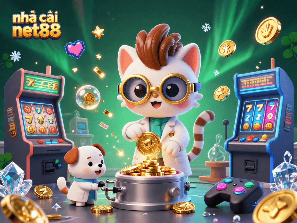 Engage with nhà cái net88's thrilling casino experience featuring a cartoon cat and dog amidst dynamic slot machines.