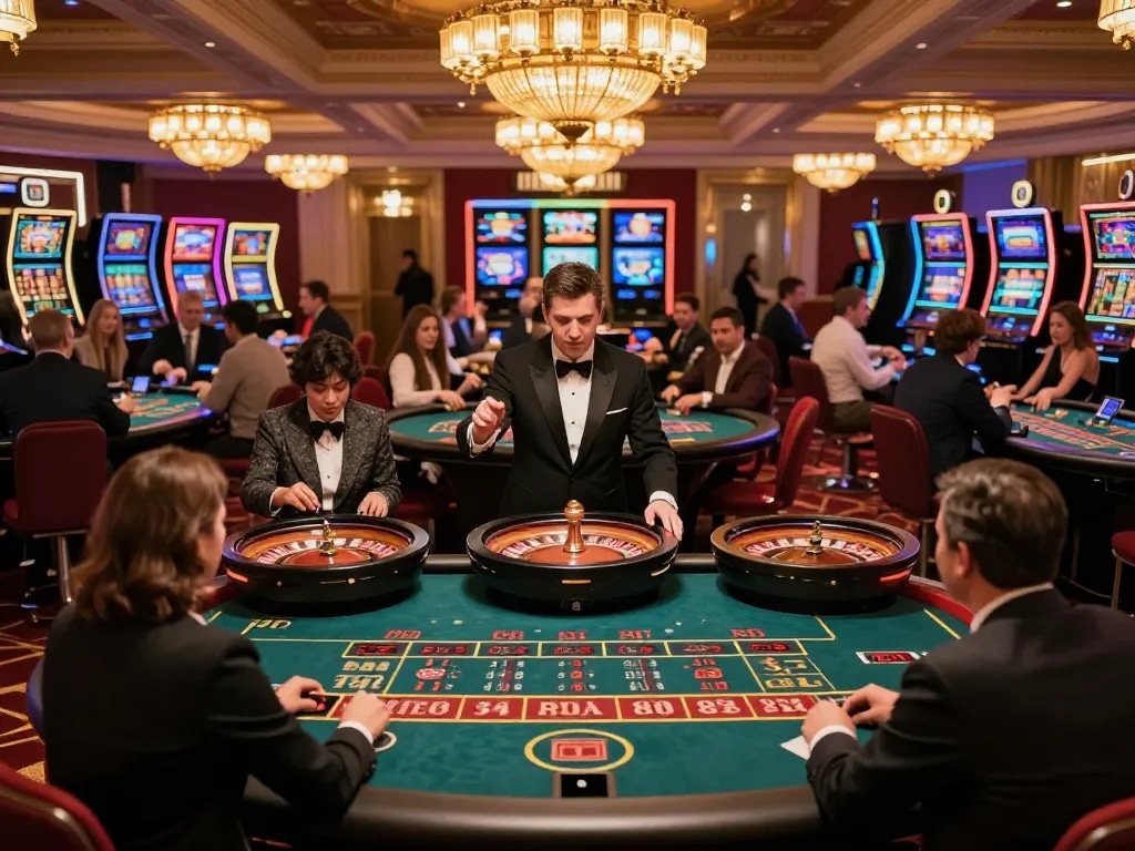 C168 casino scene with players engaged at roulette tables and vibrant atmosphere, celebrating wins.