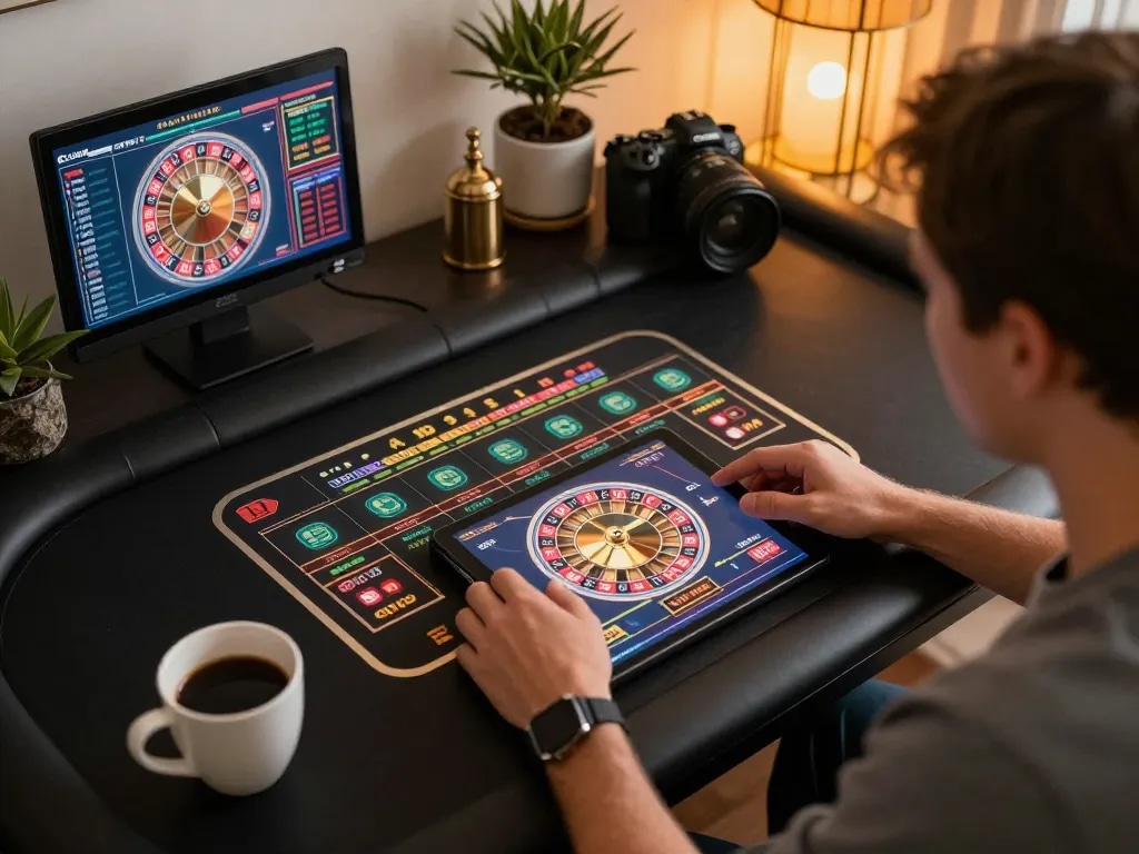 Engaging online gaming scene featuring hz88 roulette game displayed on tablet in cozy setting