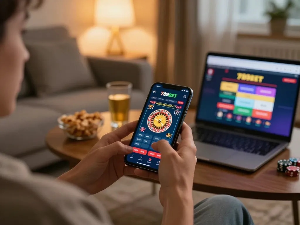 Player using the 789BET app on smartphone for lively casino gaming session at home.