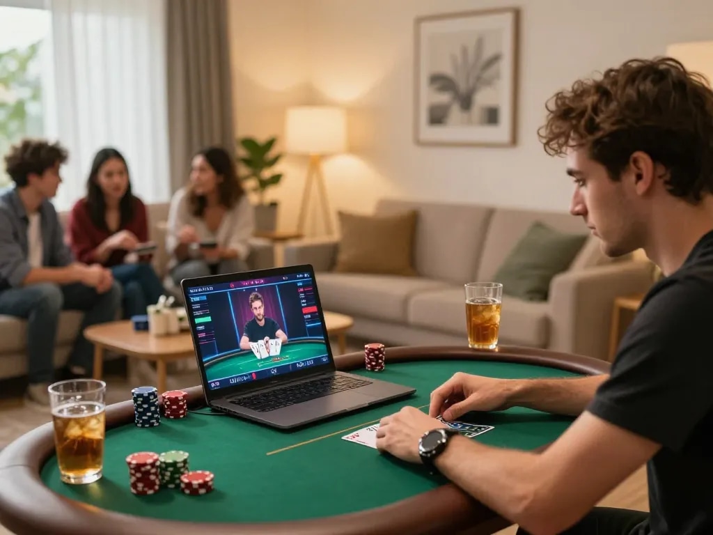 Player enjoying engaging poker game at home with BL555 online setup, showcasing strategy and excitement.